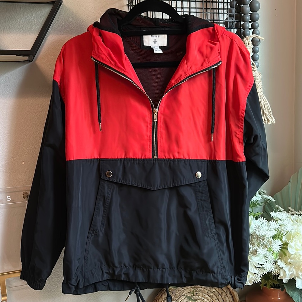 Forever21 Red and Black Half Zip Rain Jacket with Front Pocket and Hood.